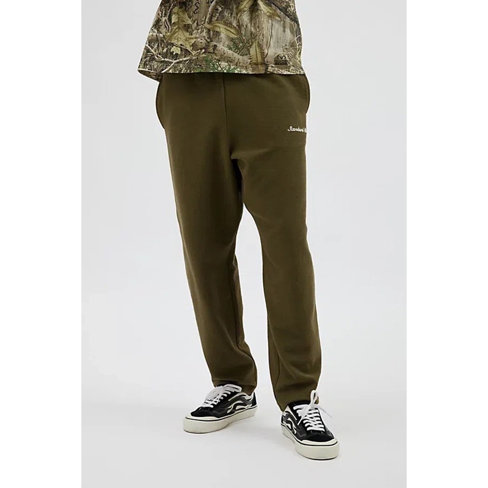 Standard Cloth Mens Olive Green Fleece Script Logo Sweatpants Relaxed Fit Medium